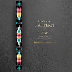May include: A loom bracelet pattern with a geometric design featuring black, white, blue, yellow, orange, pink, and red beads. The pattern is 5.85 inches long and 0.37 inches wide. The pattern is for a loom bracelet and includes 7 colors.