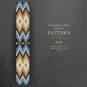 May include: A loom square stitch bracelet pattern in PDF format. The pattern is for a bracelet that is 0.69 inches wide and 5.85 inches long. It uses 11 colors and is made with beads.