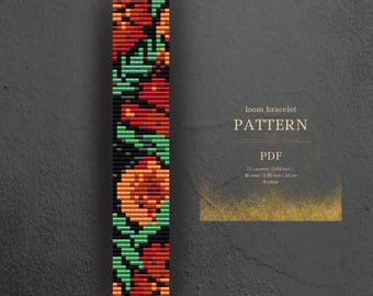 Miyuki delica bead pattern, loom bracelet brown burnt orange color flower, pdf