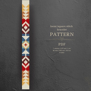 May include: A loom square stitch bracelet pattern in PDF format. The pattern is for a bracelet with a geometric design in red, orange, yellow, white, blue, and brown. The bracelet is 5.85 inches long and 0.37 inches wide. It uses 8 colors.