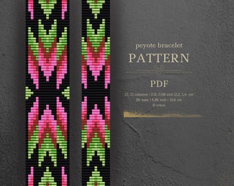 May include: A peyote bracelet pattern with a geometric design featuring pink, green, and red beads on a black background. The pattern is 17 beads wide and 85 rows long, measuring 0.9 inches wide and 15.85 inches long. The pattern is for a peyote stitch bracelet and includes 6 colors.