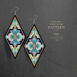 May include: A PDF pattern for brick stitch beaded earrings. The earrings are diamond shaped with a geometric design in shades of blue, green, white, gold, and black. The pattern is 1.48 inches wide and 2.17 inches long, and uses 7 colours.