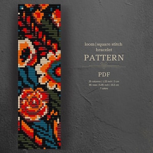 Puede incluir: Un patrón floral colorido para un brazalete tejido en telar. El patrón mide 15,5 cm de largo y 3 cm de ancho, y utiliza 7 colores. El patrón está disponible para descargar en PDF.