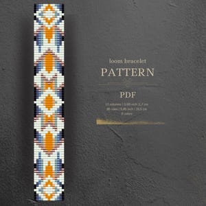 May include: A loom bracelet pattern with a geometric design in shades of blue, orange, white, and brown. The pattern is 13 columns wide and 85 rows long, and it requires 8 colors of thread.