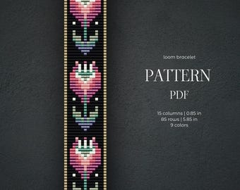 Folk Loom Bracelet Pattern, Flowers Beaded Design (PDF Pattern), miyuki delica beading
