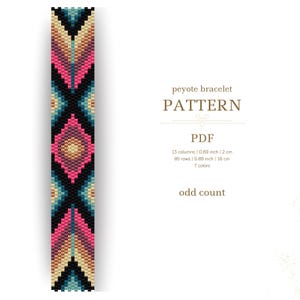 May include: A colorful peyote bracelet pattern in a PDF format. The design features a geometric pattern with pink, black, teal, and tan colors. The pattern is 0.69 inches wide and 5.89 inches long, with 13 columns and 85 rows.