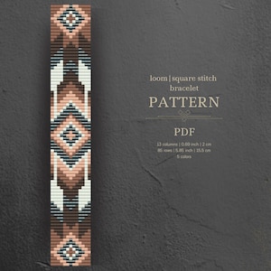May include: A loom square stitch bracelet pattern in PDF format. The pattern is for a geometric design with brown, peach, white, black, and blue colors. The bracelet is 0.69 inches wide and 5.85 inches long.