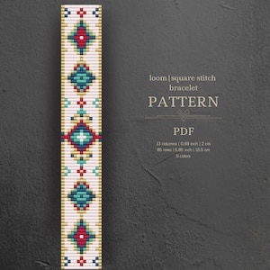 May include: A loom square stitch bracelet pattern in PDF format. The pattern is for a bracelet with a geometric design in red, white, blue, green, and gold. The bracelet is 0.69 inches wide and 5.85 inches long.