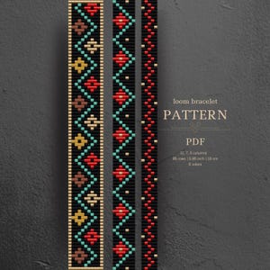 May include: A digital loom bracelet pattern PDF featuring three vertical designs with geometric motifs in black, red, teal, yellow, and brown. The text reads: loom bracelet PATTERN PDF, 11, 7, 5 columns, 85 rows, 5.85 inch, 16 cm, 6 colors.