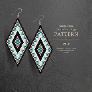 May include: A PDF pattern for brick stitch beaded earrings. The earrings are diamond shaped and feature a black, white, teal, and pink color scheme. The pattern is 1.34 inches wide and 1.96 inches tall, and uses 4 colors.