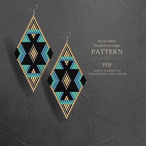 Brick Stitch Beading Pattern – Diamond Earrings | Black & Teal Miyuki Delica, native style