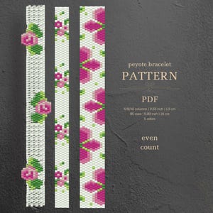 May include: Three beaded bracelet patterns with floral designs. The patterns include pink and green flowers on a white background. The text "peyote bracelet PATTERN PDF" is also visible, along with measurements of 0.53 inches wide and 5.89 inches long.