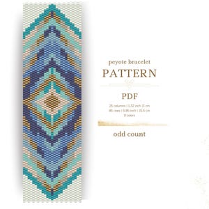 May include: A peyote stitch beading pattern for a bracelet with a geometric design in shades of blue, teal, gold, and beige. The pattern is 1.32 inches wide and 5.85 inches long, and uses 9 colors. The pattern is for an odd count peyote stitch.