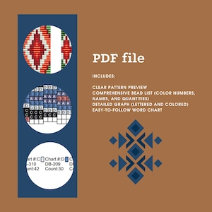 May include: A digital PDF file for beadwork featuring a geometric pattern preview, a lettered and colored grid graph, and a bead list. The text includes PDF file, INCLUDES: CLEAR PATTERN PREVIEW, COMPREHENSIVE BEAD LIST, DETAILED GRAPH, and WORD CHART.