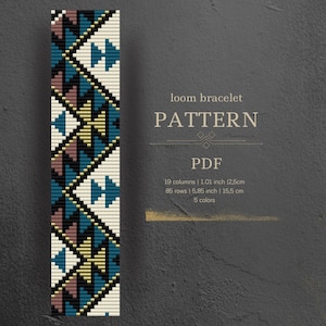 May include: A loom bracelet pattern in PDF format. The pattern features a geometric design with black, white, gold, teal, and pink colors. The bracelet is 1.01 inches wide and 5.85 inches long.