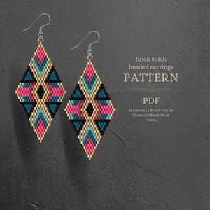 May include: A PDF pattern for brick stitch beaded earrings. The earrings are diamond shaped and feature a geometric design in pink, blue, gold, black, and white. The pattern is 1.34 inches wide and 1.96 inches long, and uses 7 colors.