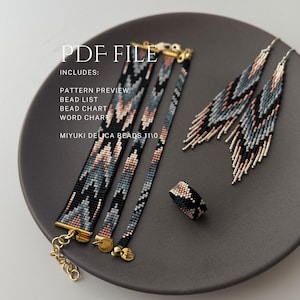May include: A PDF file pattern preview for jewelry making, including a bead list, bead chart, and word chart for Miyuki Delica beads 11/0. The image displays a wide beaded bracelet, two thin beaded bracelets, a beaded ring, and two fringe earrings.