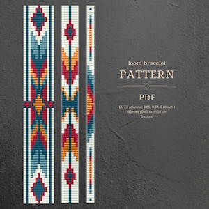 Puede incluir: Un patrón de pulsera de telar en formato PDF. El diseño presenta patrones geométricos en rojo, azul, naranja y blanco. El texto dice "loom bracelet PATTERN PDF". El patrón mide 1,75, 0,94 y 0,41 cm de ancho, 14,86 cm de largo y utiliza 5 colores.