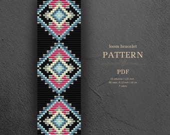 Loom beading pattern, black ethnic bracelet wide design, pdf