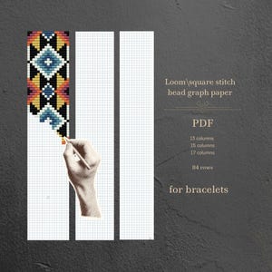 Peut inclure: Un modèle numérique PDF de papier graphique pour perles pour bracelets. Le motif présente un motif géométrique coloré en noir, bleu, orange et jaune. Le texte sur l'image indique "Loom square stitch bead graph paper" et "for bracelets."