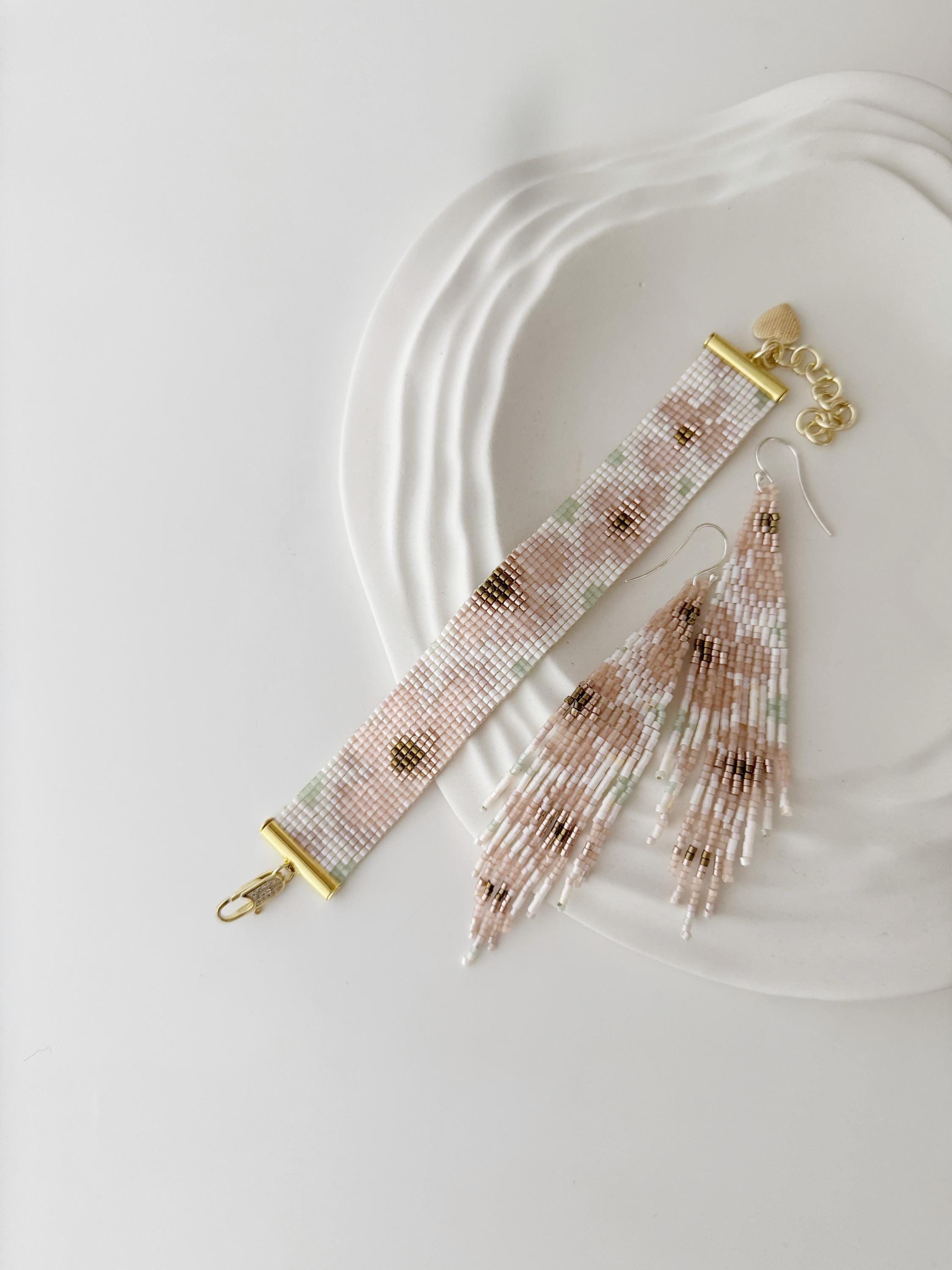 Floral Beaded Loom Bracelet Pattern and Fringe Earrings Pattern PDF - Delicate Boho Jewelry DIY
