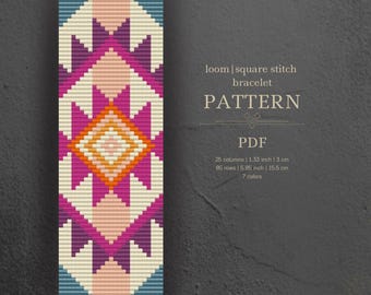 May include: A loom square stitch bracelet pattern in PDF format. The pattern features a geometric design with a diamond shape in the center. The design is in shades of pink, orange, purple, white, and blue. The pattern is 1.33 inches wide and 5.85 inches long. It uses 7 colors.
