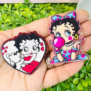 Betty Boop Flatbacks: Set/2 80s Acrylic Flatback - Badge Reel Toppers - Glitter planar resin - Cartoon charm DIY crafters, 90s cartoon.