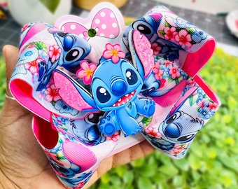 Stitch hair bow: Cartoon hairbow, 6 inch Bow, Ribbon bows for girls.