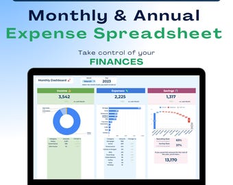 Könnte beinhalten: Ein Laptop-Bildschirm zeigt eine Google Sheets-Tabelle mit einem monatlichen Dashboard für Einnahmen, Ausgaben und Ersparnisse. Das Dashboard zeigt ein Kreisdiagramm für Einnahmen, ein Balkendiagramm für Ausgaben und ein Liniendiagramm für Ersparnisse. Die Tabelle ist mit "Monatliche & Jährliche Ausgabentabelle" betitelt und enthält den Text "Übernehmen Sie die Kontrolle über Ihre FINANZEN".