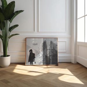 Anime Girl with Guitar Wall Art - Dystopian City Digital Print - Cyberpunk Manga Decor - Black and White Instant Download