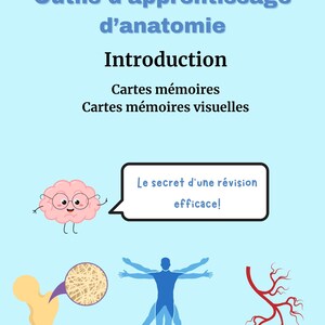 Może przedstawiać: Jasnoniebieski plakat edukacyjny z tekstem "ANATOMIE EXPRESS" i "Outils d'apprentissage d'anatomie". Plakat zawiera ilustracje mózgu, kości, ludzkiej postaci i dymków tekstowych. Tekst brzmi "Introduction", "Cartes mémoires" i "Cartes mémoires visuelles".