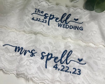 Personalized / Monogrammed Embroidered WHITE  Lace Wedding and Toss Garters with Date. Heart. Something Blue! personalized toss Garter