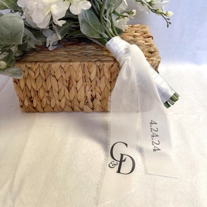 Personalized Wedding Bouquet Ribbon / Couple&#39;s Initials and Date / Fringe Chiffon Ribbon  / Toss Bouquet Ribbon / Bridal Ribbon /Wedding Bow