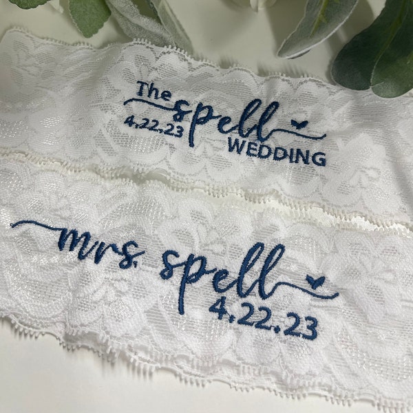 Personalized / Monogrammed Embroidered WHITE  Lace Wedding and Toss Garters with Date. Heart. Something Blue! personalized toss Garter