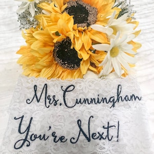 Personalized / Monogrammed Embroidered WHITE Wedding and Toss Garters.  Nice Catch, You&#39;re Next Garter /