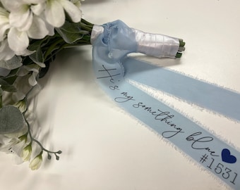Personalized Wedding Bouquet Ribbon / He's my something blue / Badge Number / Blue Fringe Chiffon Ribbon /Bridal Ribbon /Wedding Bow
