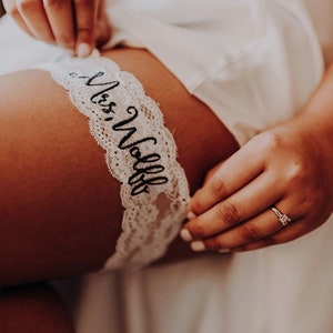 Personalized / Monogrammed Embroidered WHITE  Lace Wedding and Toss Garters.  Something Blue! Nice Catch Garter / You're Next!