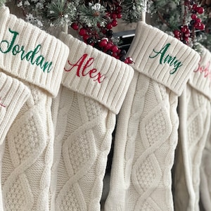 Personalized Embroidered Christmas Stocking, Dark Red, Dark Green, Cream, Beige/ Cable Knit Stocking / Holiday / Ships Fast!