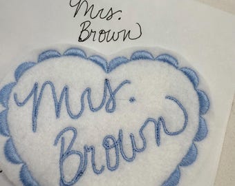 Custom Handwriting Personalized Dress Patch / Tie Patch Embroidered. Felt Heart.  Something Blue/ Iron on/ Sew on. In Memory Patch
