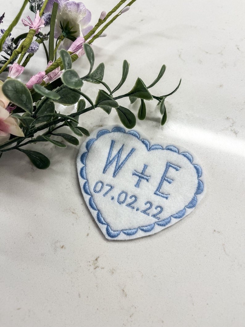 Personalized Wedding Dress Patch/ Embroidered/Felt Heart/ Something Blue/ Iron on/ Sew on/ Tie Patch image 3