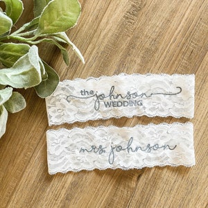 Personalized / Monogrammed Embroidered WHITE  Lace Wedding and Toss Garters. Dual Font. Something Blue! personalized toss Garter