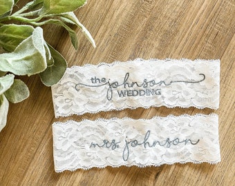 Personalized / Monogrammed Embroidered WHITE  Lace Wedding and Toss Garters. Dual Font. Something Blue! personalized toss Garter