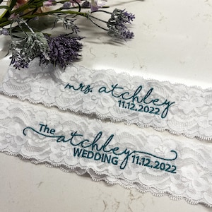 Personalized / Monogrammed Embroidered WHITE  Lace Wedding and Toss Garters. Dual Font. Something Blue! personalized toss Garter, Set of 2