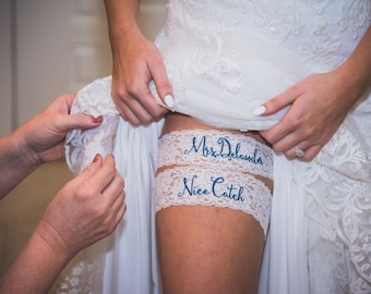 Personalized / Monogrammed Embroidered WHITE  Lace Wedding and Toss Garters.  Something Blue! Nice Catch Garter / You're Next!