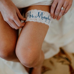 Personalized / Monogrammed Embroidered WHITE Wedding and Toss Garters.  Something Blue! Nice Catch Garter / You&#39;re Next! Ships Fast