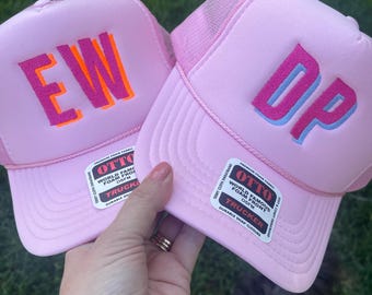 Personalized/Monogrammed Initials Trucker Hat / Embroidered shadow initials /  2 color stitching  Bachelorette Trip / Mom baseball cap/Beach