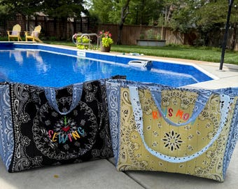 Custom Made for YOU! Oversized Bandana Tote Bag with Vintage Floral Accents – Handmade Beach Bag / Custom Personalized