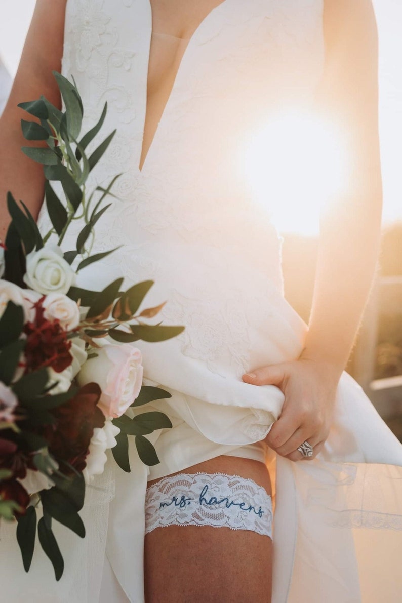 Personalized / Monogrammed Embroidered WHITE Lace Wedding and Toss Garters. Something Blue Nice Catch Garter / You're Next image 5