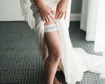 Personalized Police Wife Garter Embroidered WHITE LACE Wedding and Toss Garters.  Something Blue! Badge Number Garter Ships Fast!