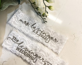Personalized / Monogrammed Embroidered WHITE  Lace Wedding and Toss Garters. Dual Font. Something Blue! personalized toss Garter